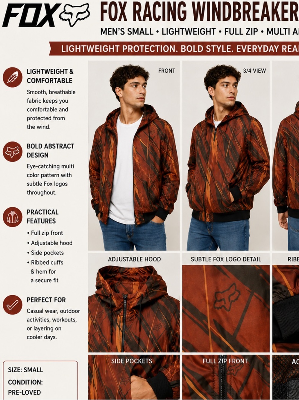 Fox Racing Windbreaker Jacket Mens Small Multi‎ Abstract Logo Full Zip